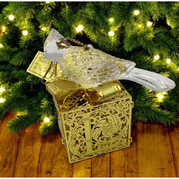 Cardinal Bird on Present Christmas Tree Ornament Light Up Gold Tone Ornate Gift - Picture 1 of 7